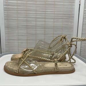 Paula Torres Braided Gladiator Espadrille Sandals Gold Tan Lace-Up Size 7